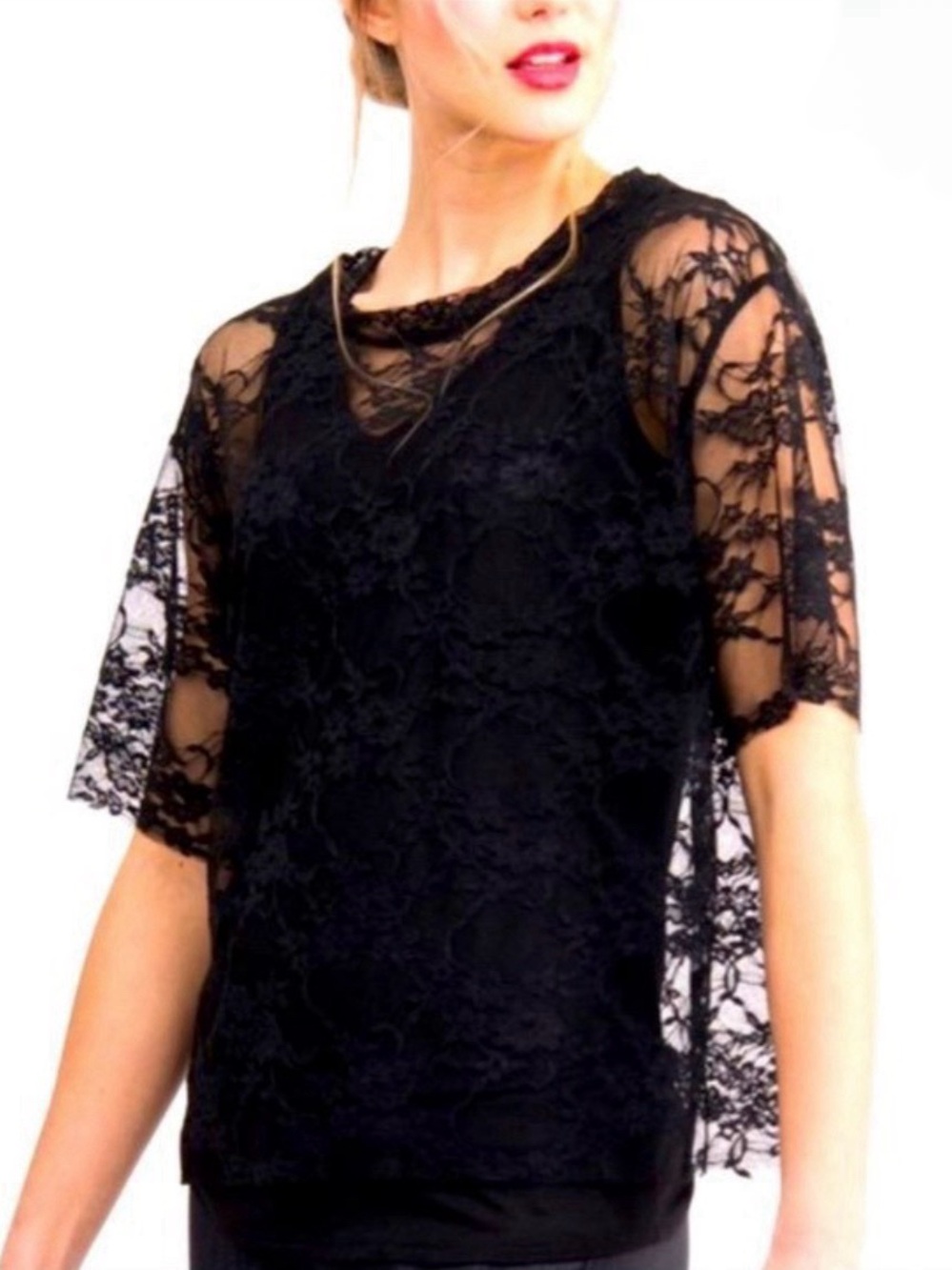 Agnes & Dora Sheer Black Lace Short-Sleeve Tee size Medium Coquette Top